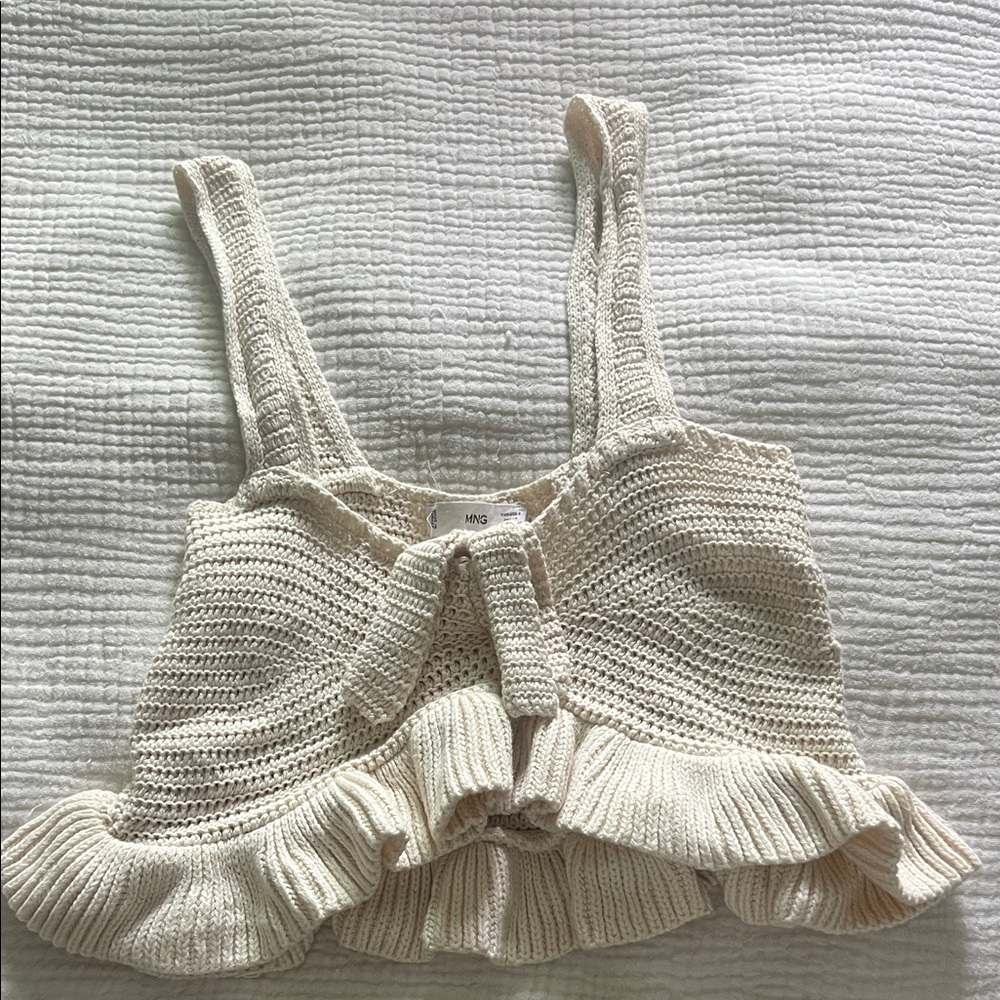 Mango Cream Knit Ruffle Crop Top